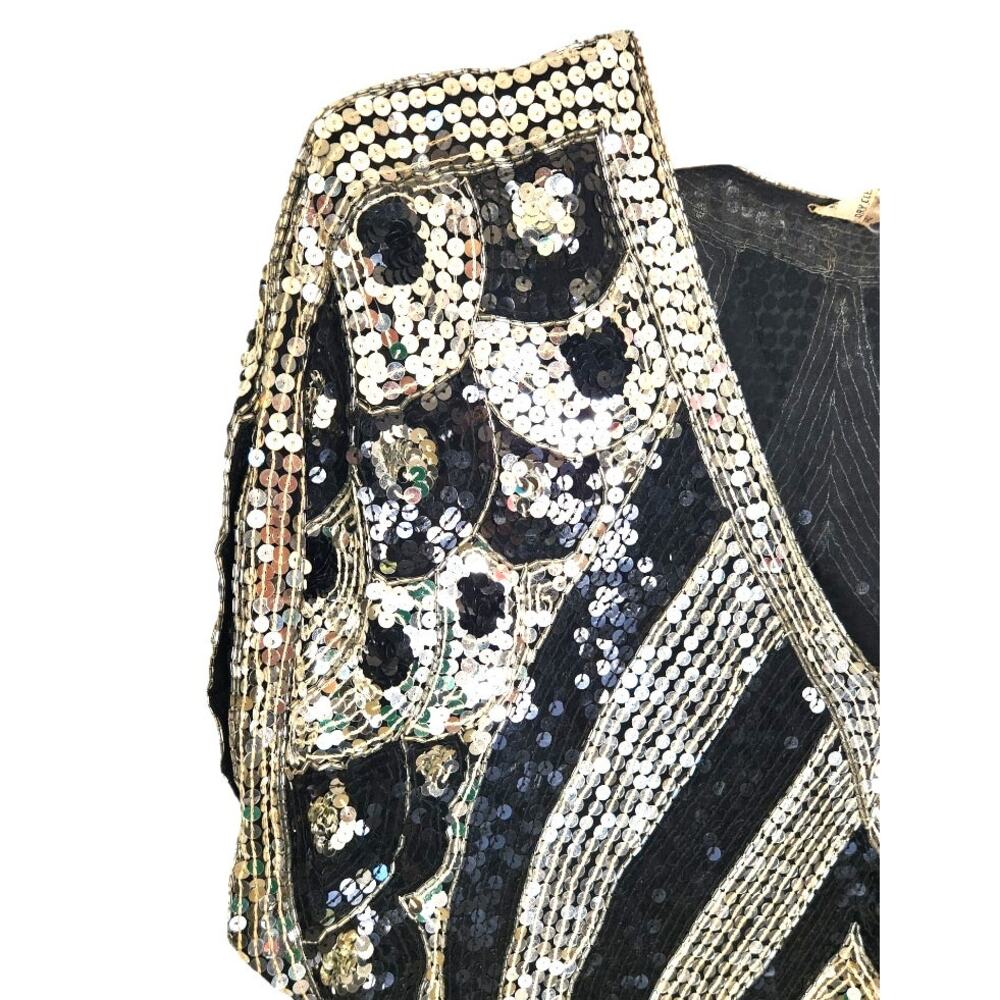 Vintage Sequin Black Silver Disco Art Deco Peacock V Neck Blouse Top Shirt - Picture 6 of 9